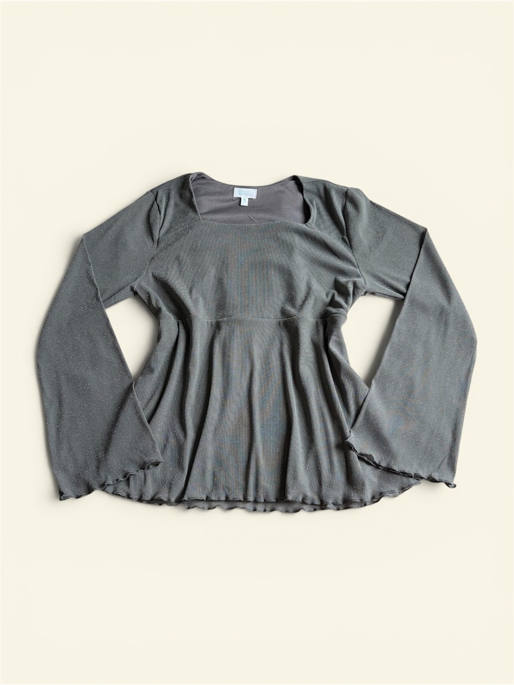 Market & Spruce Metallic Square Neck Empire Waist Bell Sleeve Peplum Top XL Grey